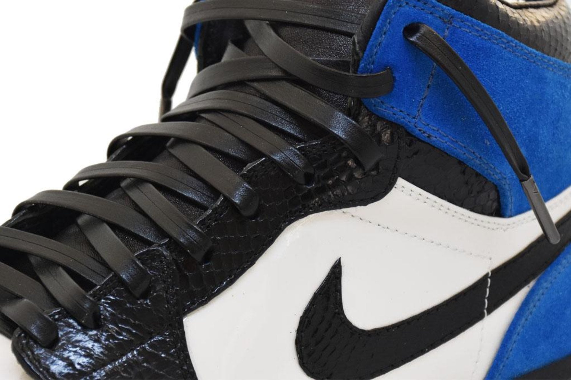 Jordan 1 w blue suede, white patent leather & black snake