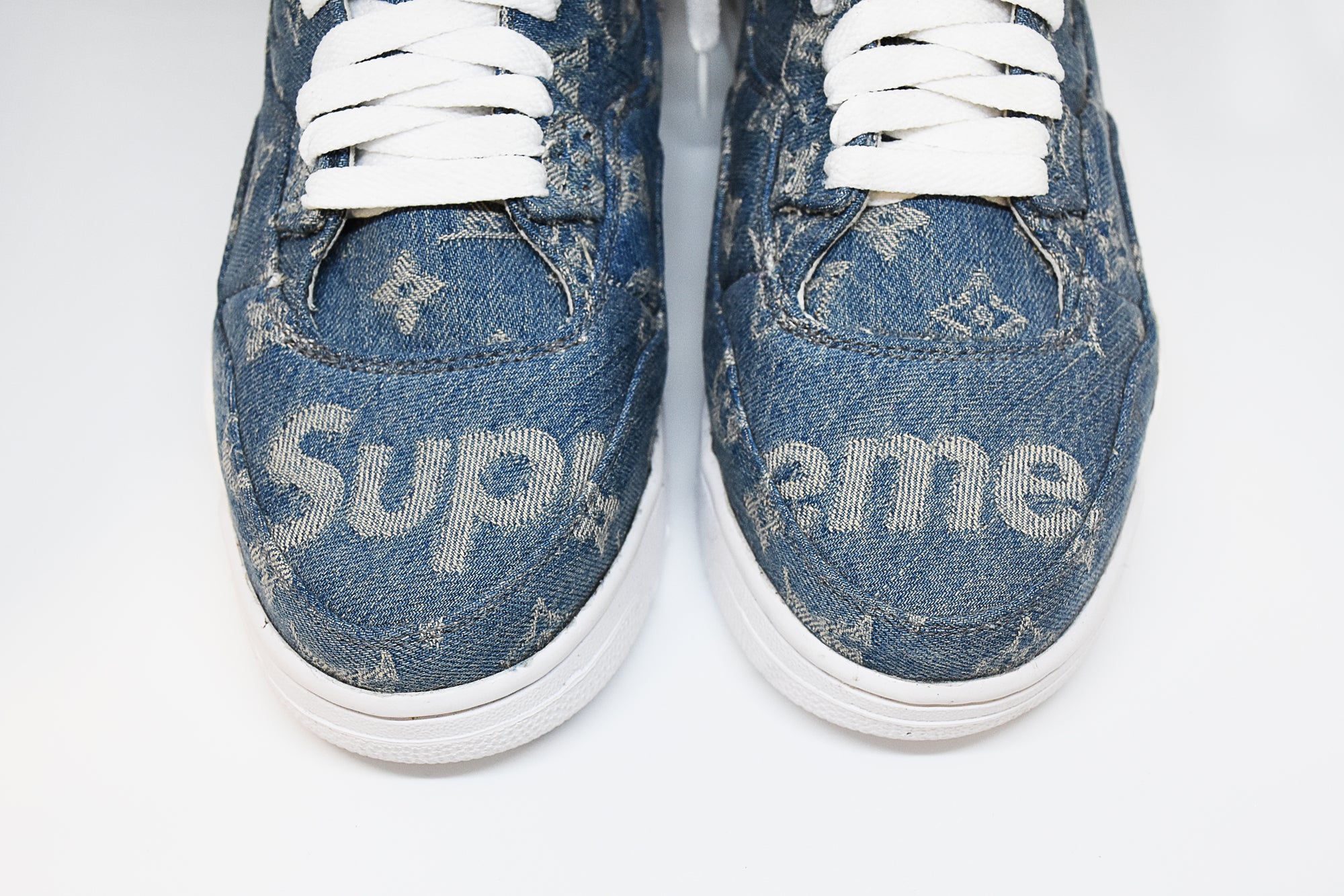 Supreme x Louis Vuitton denim covers @jbfcustoms' latest set of Air Jordan  1s. Visit NiceKicks.com to find out how you can p…